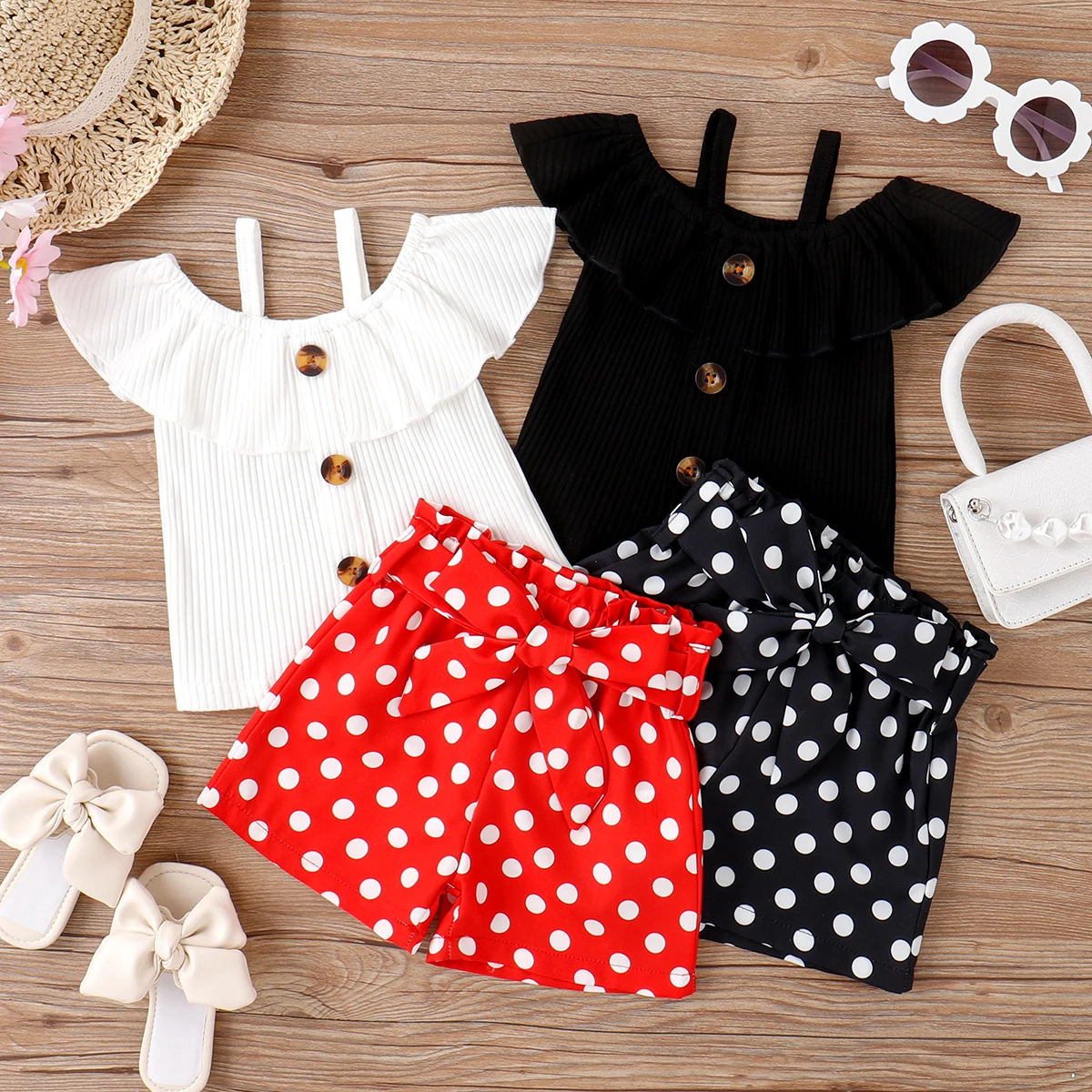 2pcs Toddler Girl Polka dots Flounce One Shoulder Camisole and Belted Shorts Set