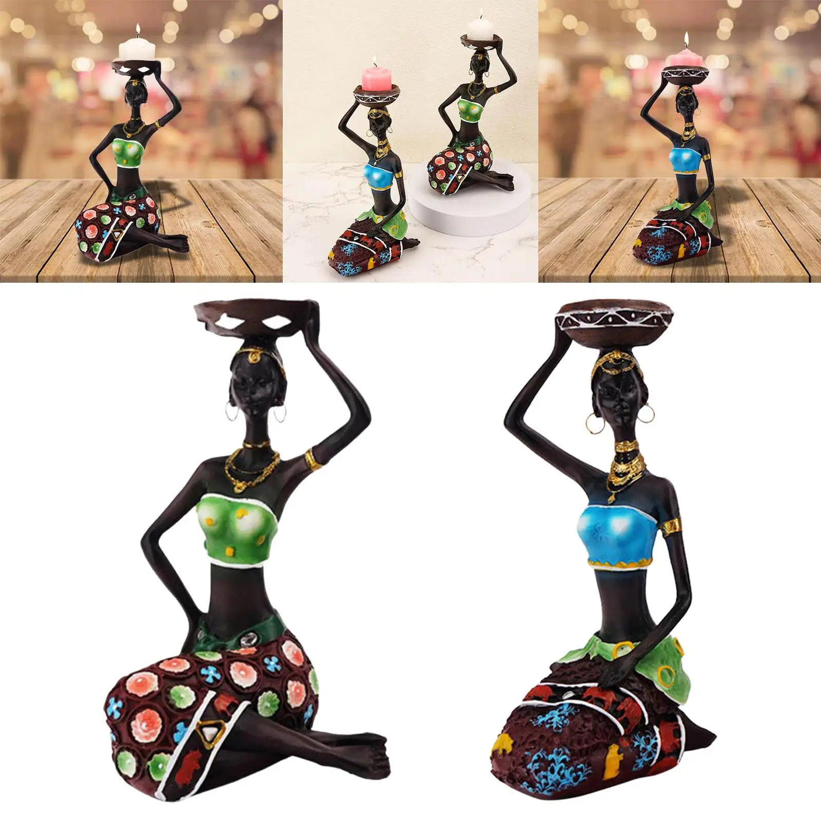 Creative African Women Statues Candlestick Tea Lights Candleholder Tribal Lady Desktop for Home Accents Pillar Candle Bedroom