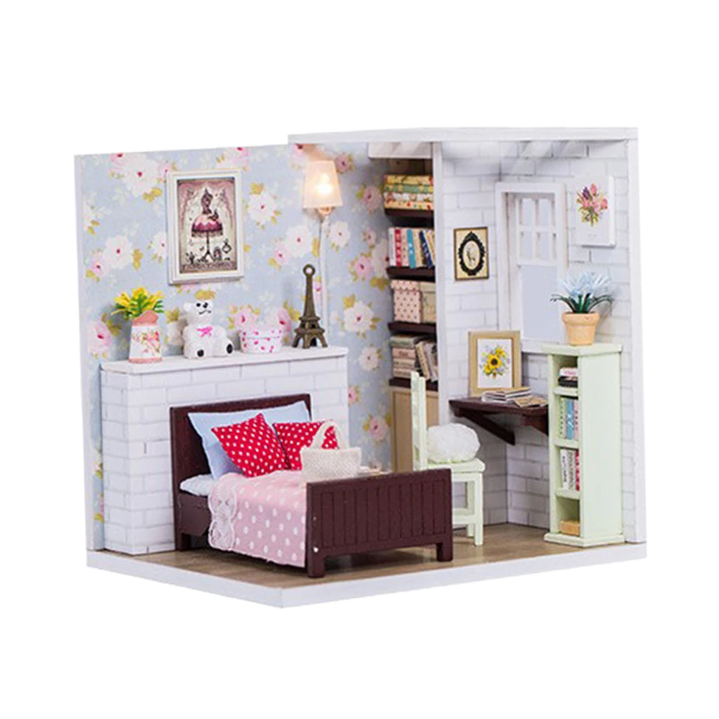 1/24 Scale Dollhouse Miniature DIY Bedroom W/ Furniture Leds