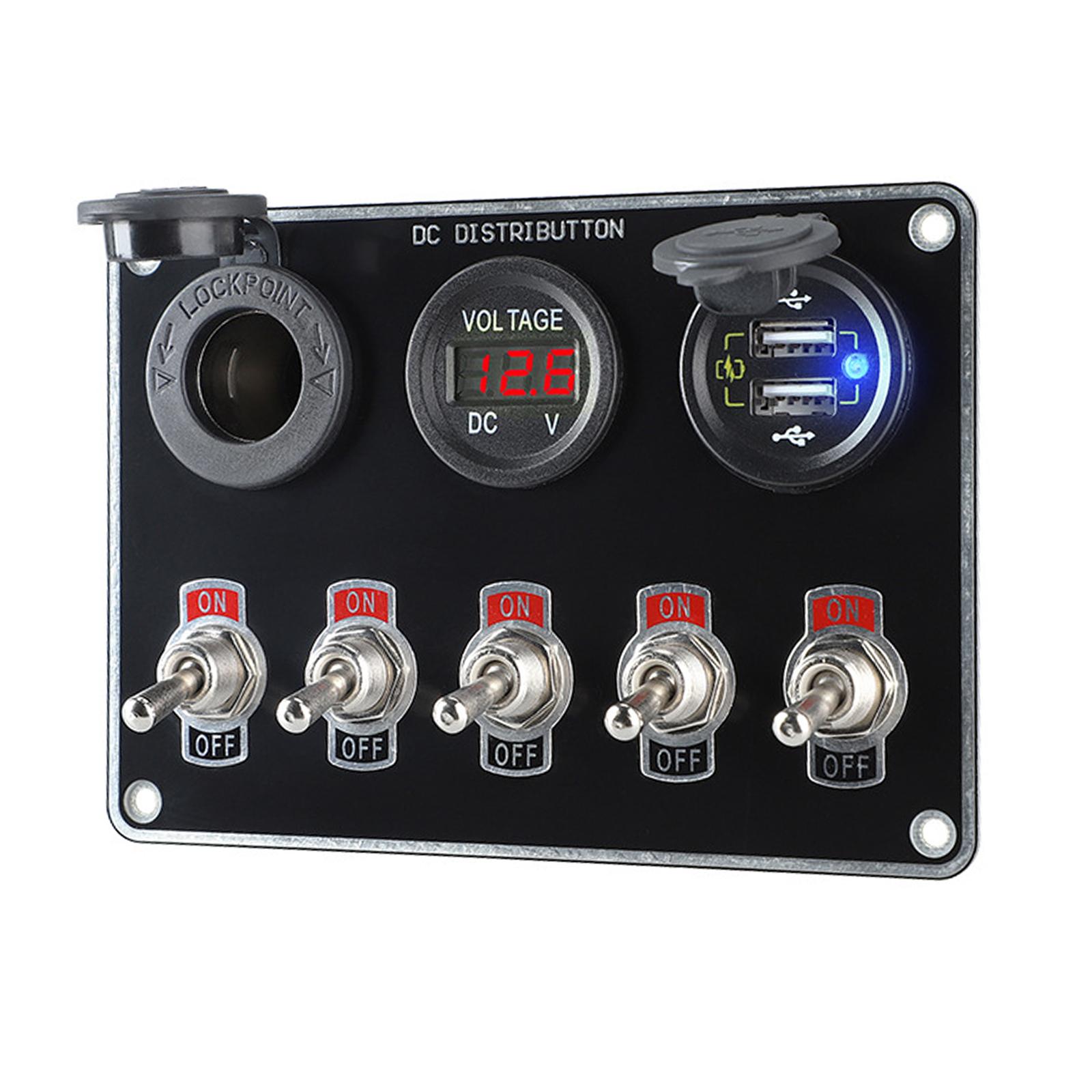 Multi-Function 5 Gang Boat Switch Panel Circuit Control Dual USB Charger Trailer RV