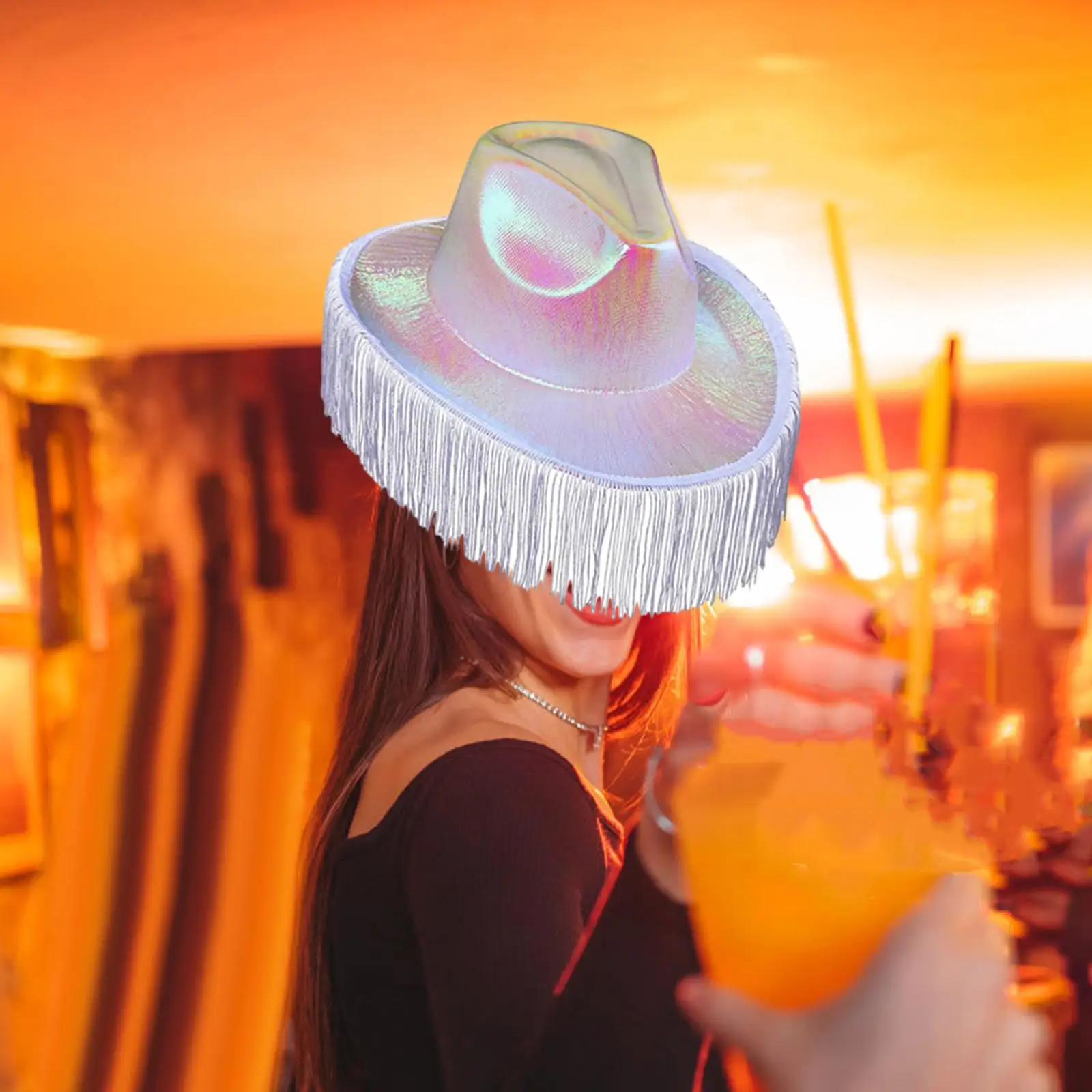 Western Cowgirl Hat Fancy Dress Shiny Disco Cap  Hat Tassel Decor for Wedding Bridal Music Festival Holiday Concerts
