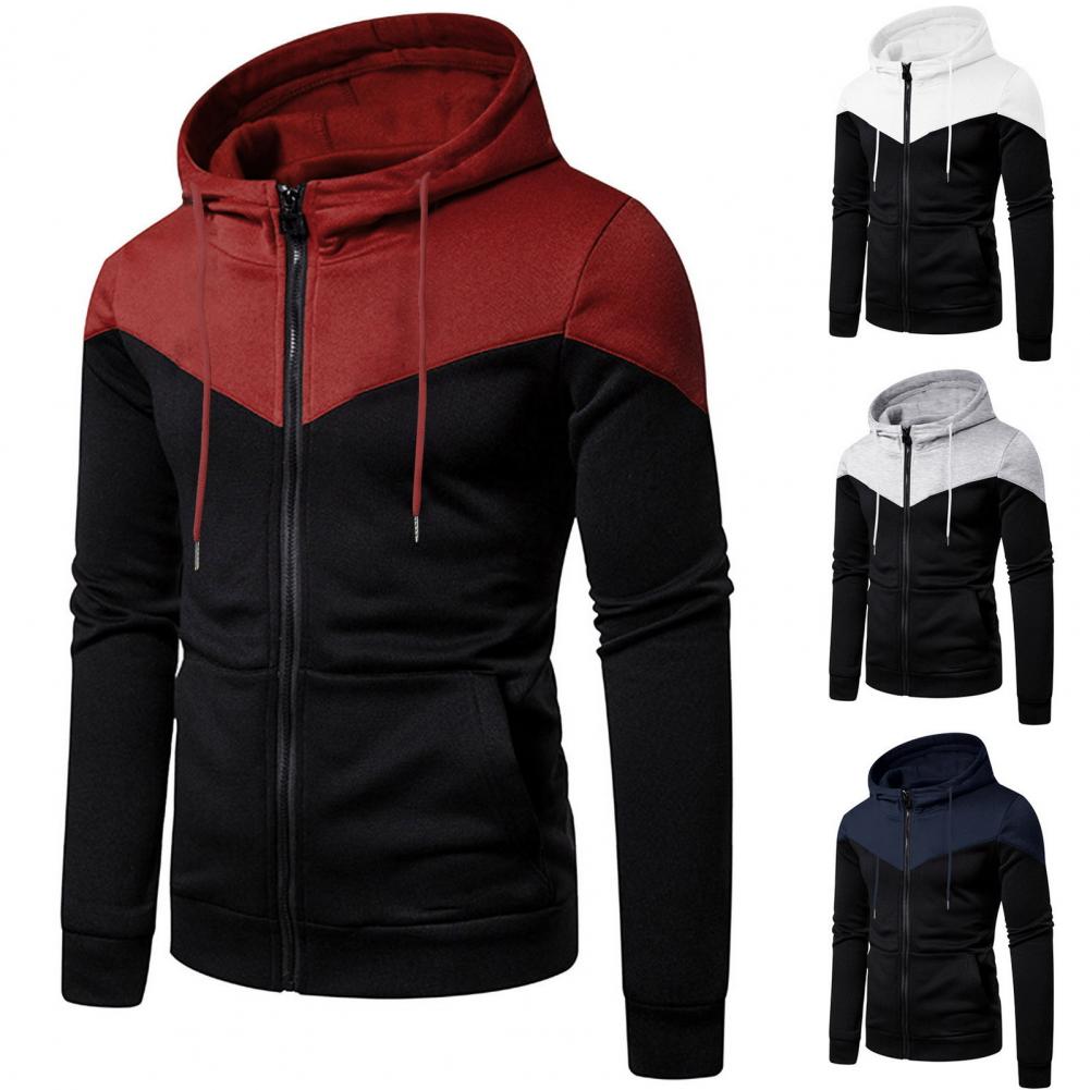 Description Picture 3 of itemPatchwork Hooded Sweatshirt Contrast Color Hooded Sweatshirt Coat Men's Winter Jacket with Zipper Placket Long Sleeve Pockets
