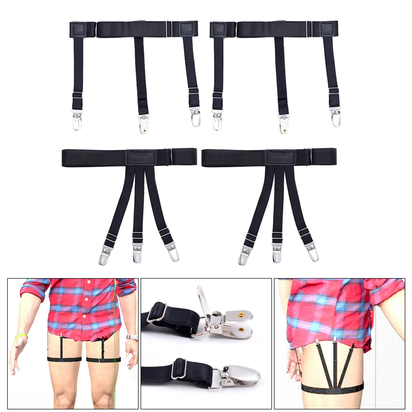 2x  Leg Garter Style  Shirt Holders Adjustable Elastic Shirts Garters with Non-Slip Clips for Professional Business Men