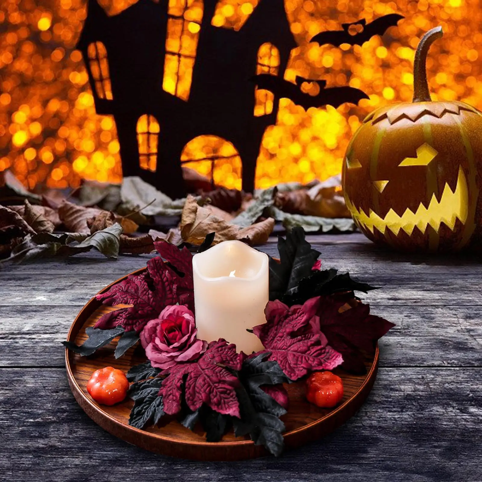 Halloween Dark Colored Rose and Leaf Candle Garland Wreath Desk Decoration