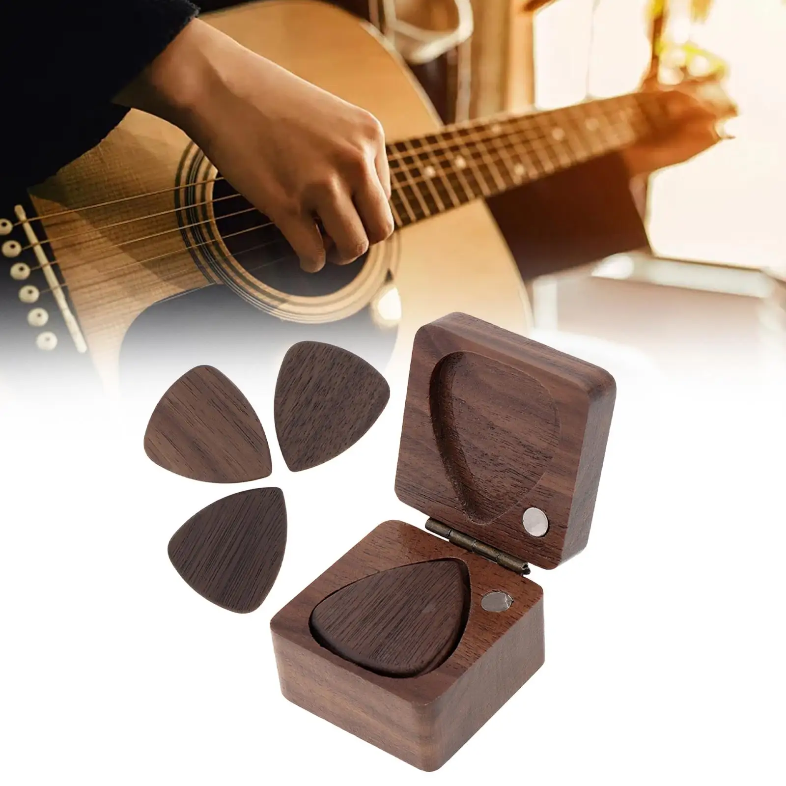 Wooden Guitar Picks Case Collections Durable Handmade with 3 Guitar Picks for Guitarist Musician Gift Guitar Pick Holder