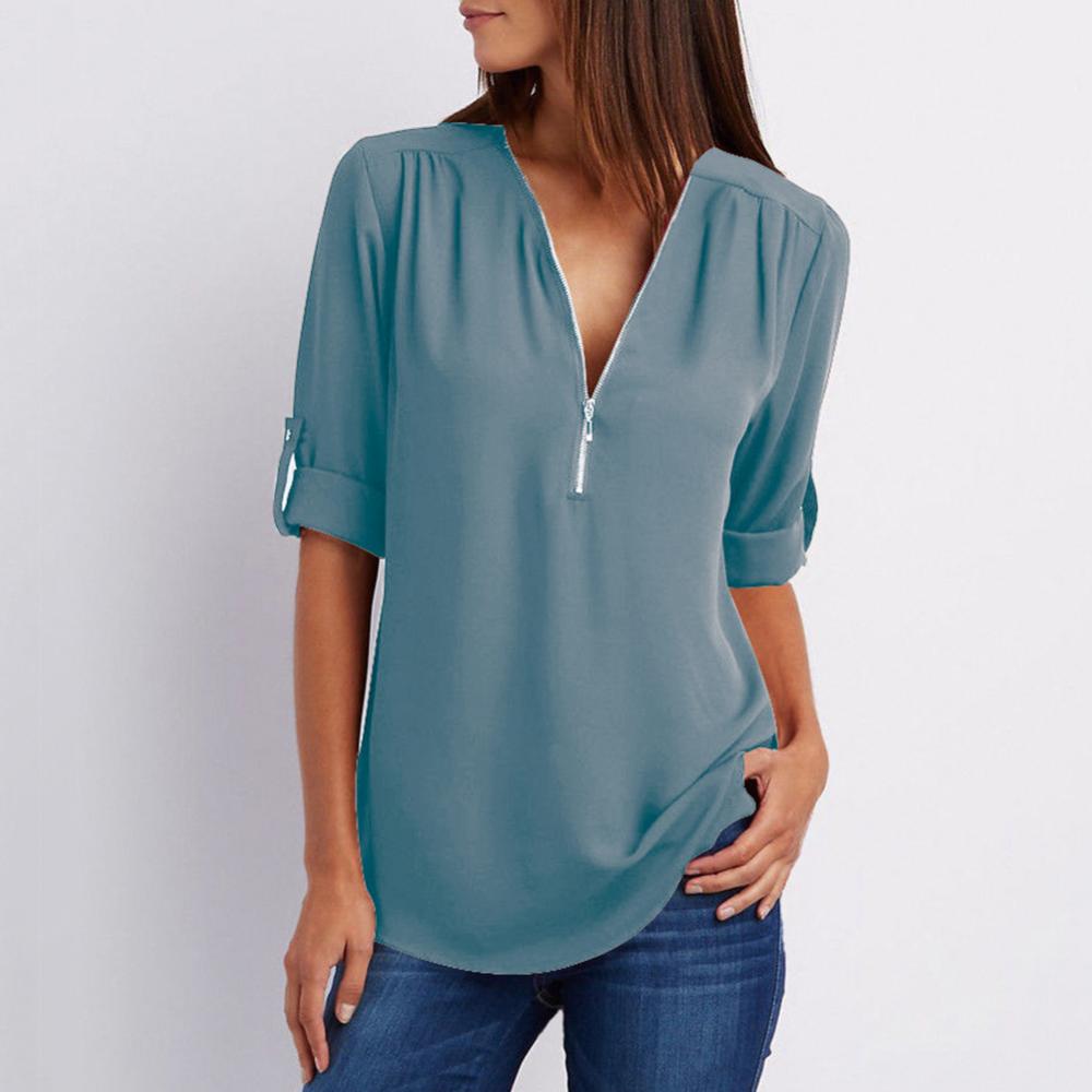 Title 13, Casual Office Lady Blouses Sexy Solid Color Zip...