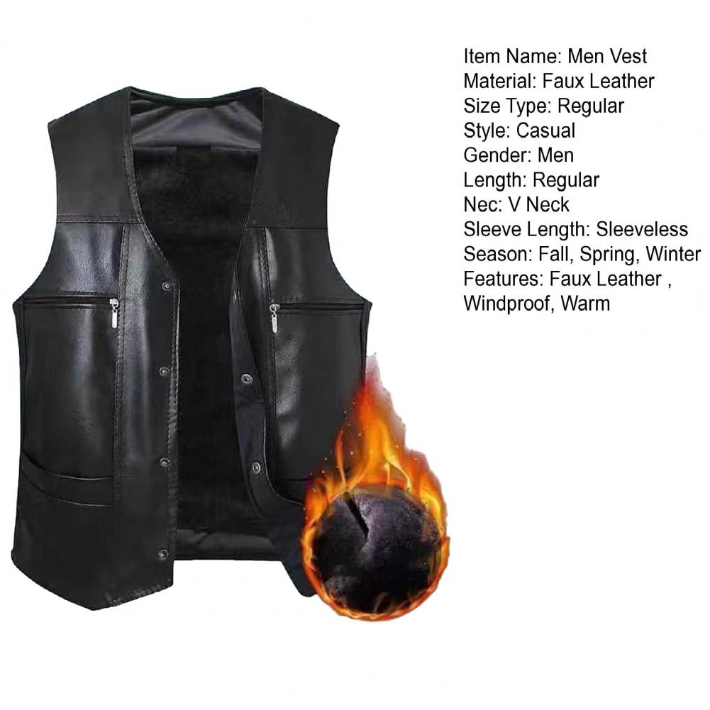 Description Picture 3 of itemMen Soft Waistcoat Men Faux Leather Vest Stylish Mid-aged Men's Faux Leather V Neck Vest with Plush Lining Multiple for Fall