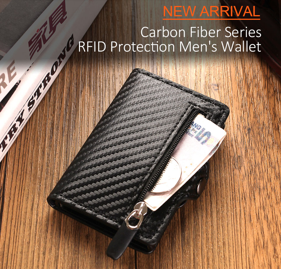 Carbon Fiber RFID Blocking Leather Wallet - Mens Credit Card Holder Case