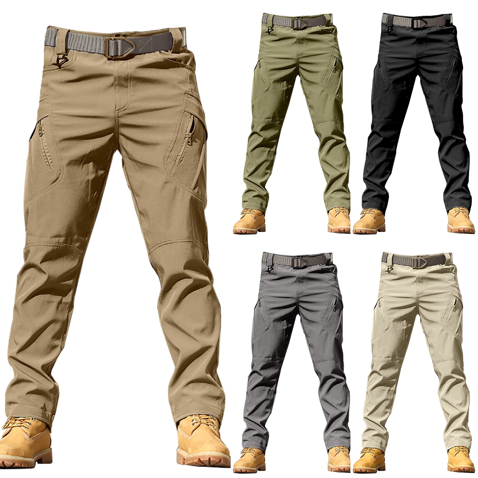 Description Picture 2 of itemMen's Solid Color Outdoor Stretch Overalls With Large Pockets Loose Soft Pants Rainproof Training Pants Men's Cargo Pants 4 8