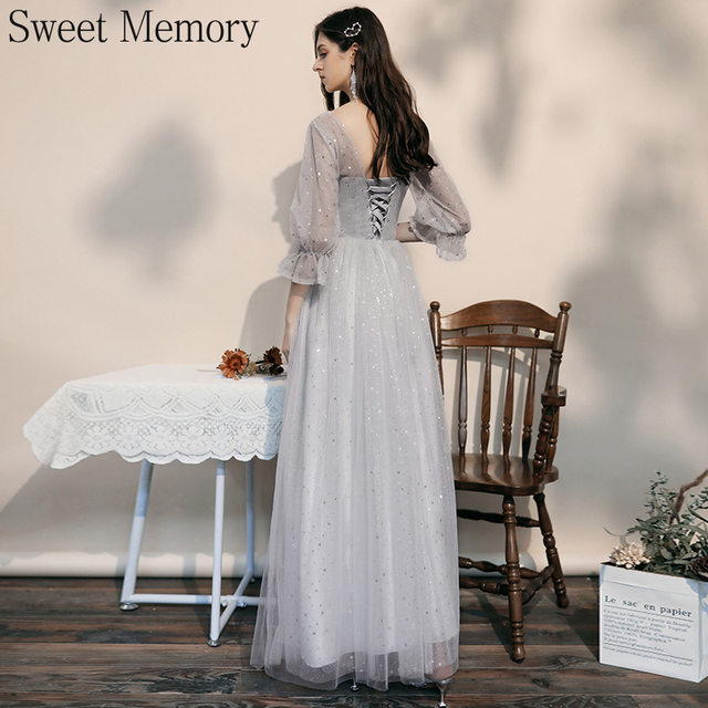 J195 Sparkle Tulle Gray Bridesmaid Dress Women Floor Length