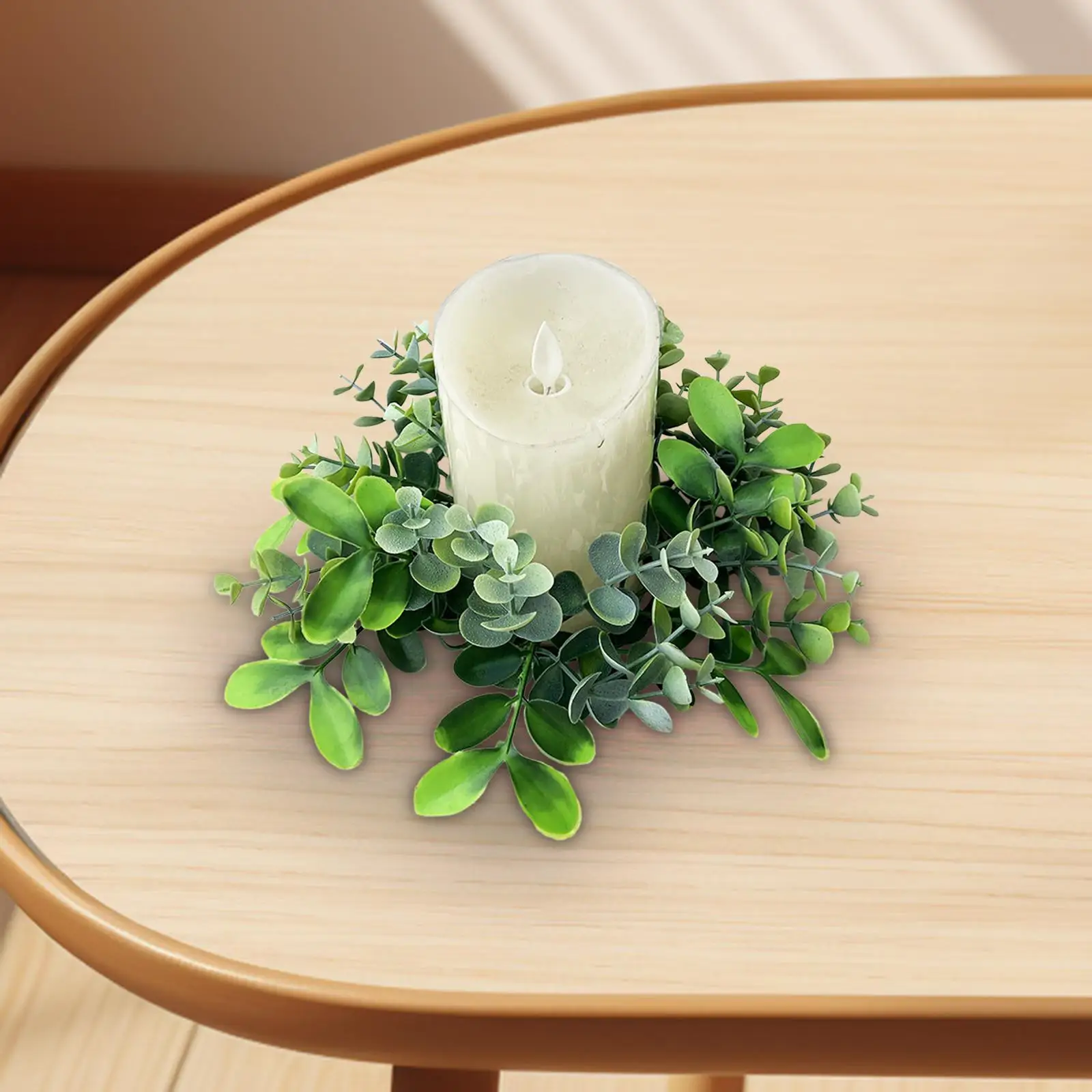 Artificial Eucalyptus Wreath Candle Ring Decor Round Candleholder Pillar Candle Holder Boho Wreath for Dining Room Kitchen