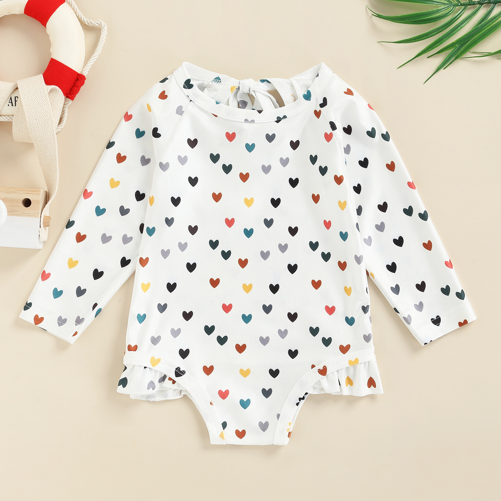 Infant Kind Baby Mädchen Lässig Bademode, Herz/Blume Print Rundhals Langarm Badeanzug, weiß/Rot/Orange 1-6T – Detail 2