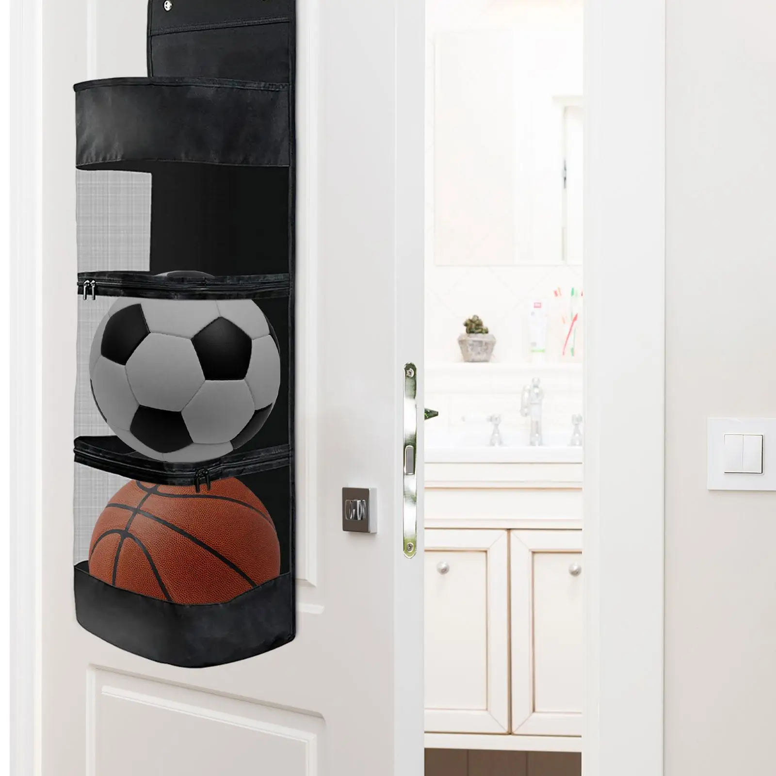 over Door Hanging Organizer Durable Garage Equipment Organizer for Basketball Tennis Sports Gear Volleyball Toy Storage