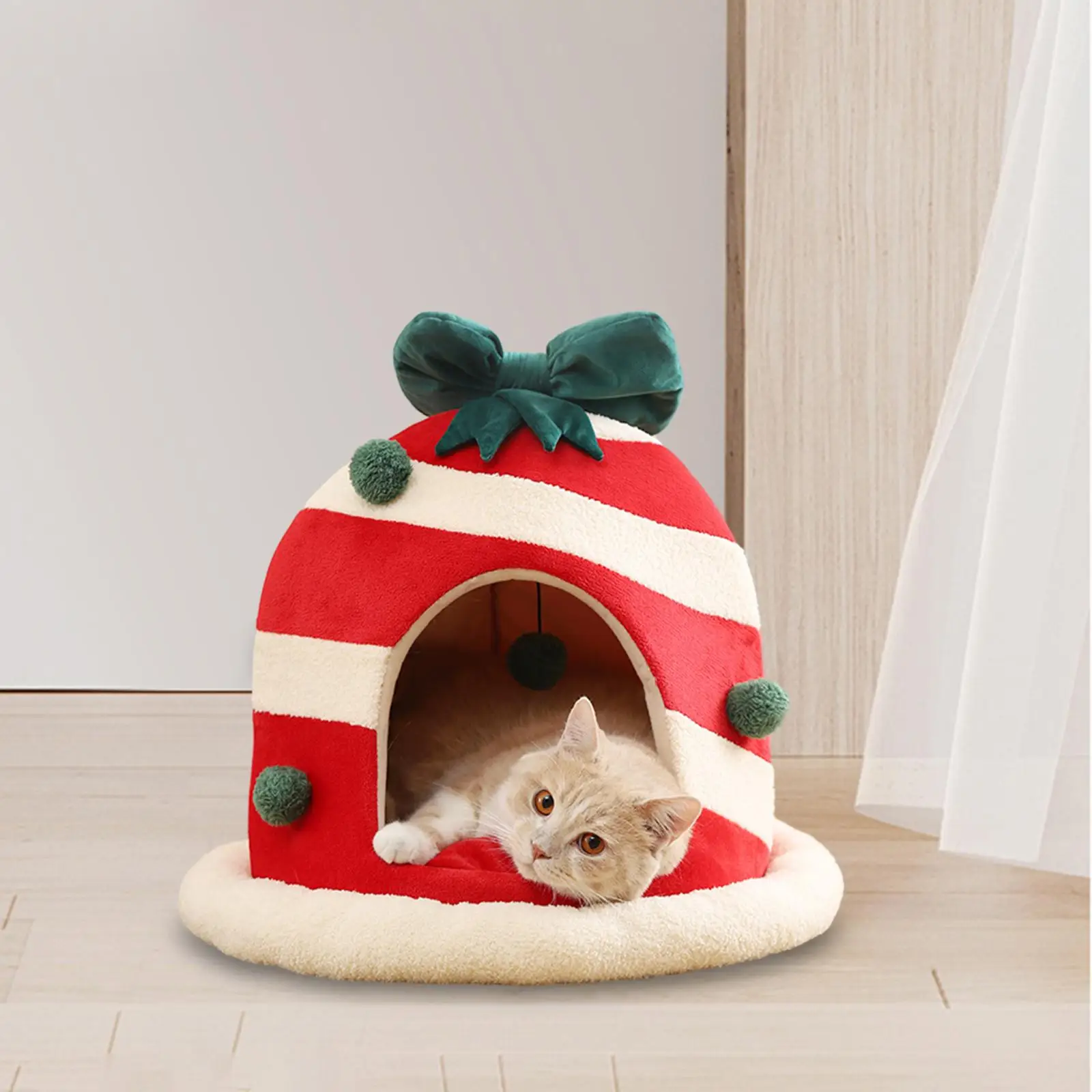 Christmas Cat Beds Winter with Playing Ball Comfortable Warm Soft Christmas Cat House Beds for Christmas Gifts Cats Animals