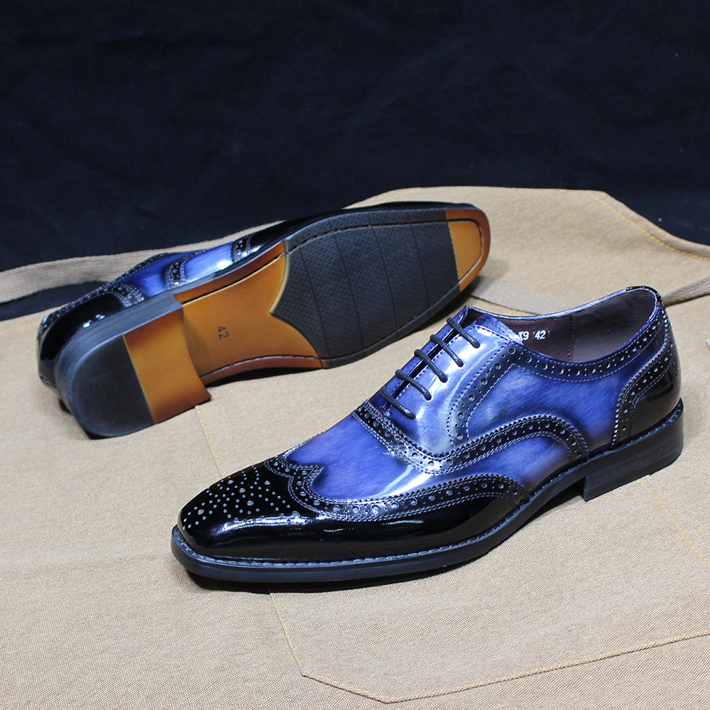 Luxuriöse Herren-Oxfords aus blauem Lackleder mit Brogue-Flügelspitze, zum Schnüren, formelle Schuhe für Büro, Hochzeit, Party – Detail 13