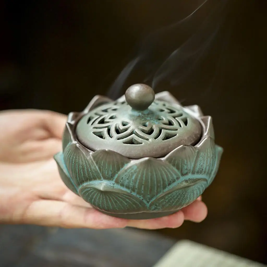 Ceramic Incense Burner Feng Shui Lotus Zen Incense Coil Holder Censer for Aromatherapy Tea House Meditation Tabletop Decoration
