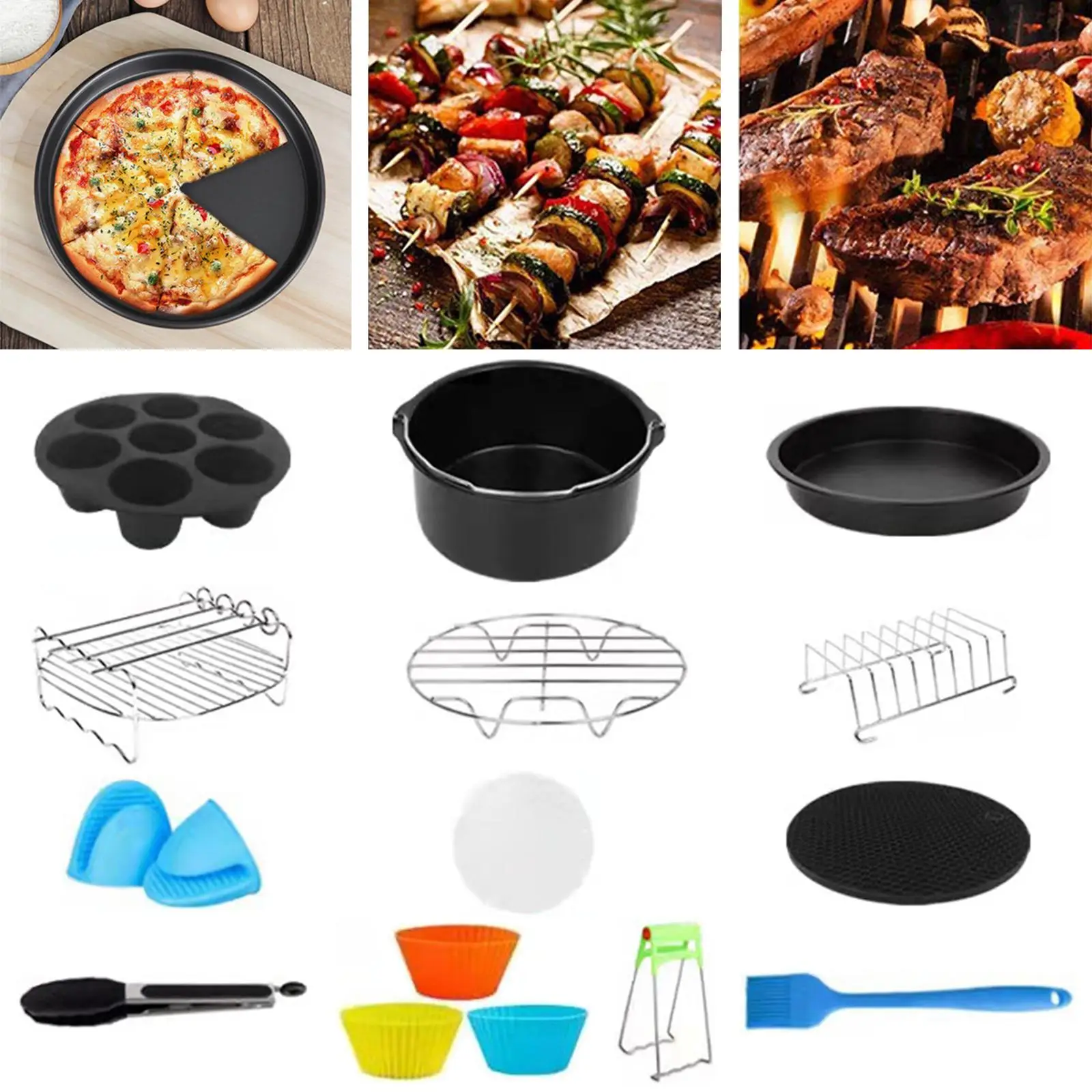 8 inch Air Fryer Accessories Silicone Clip Double Grill Silicone Pot Mat 13Pcs Air Fryer Accessory Kit for Baking Home BBQ