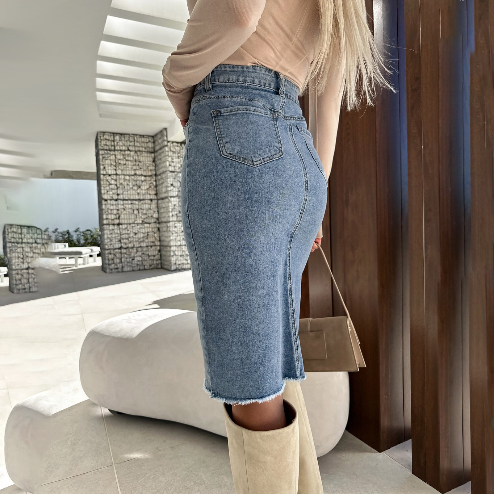 Moda Bodycon Lápis Saias Denim Cintura Alta