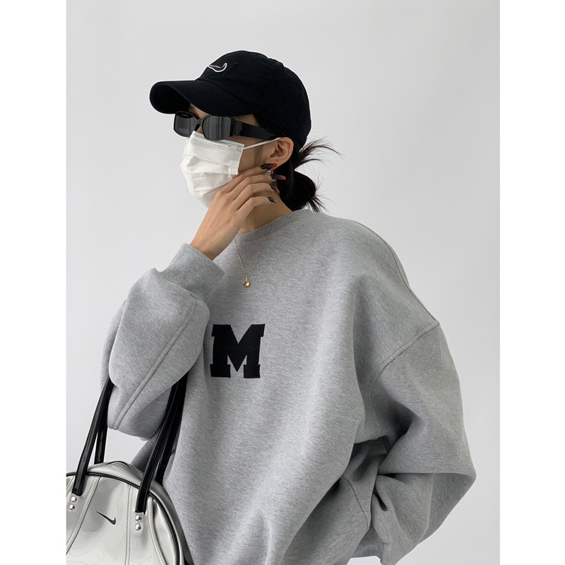 o-pescoço pullovers nova moda solta letra m kpop roupas