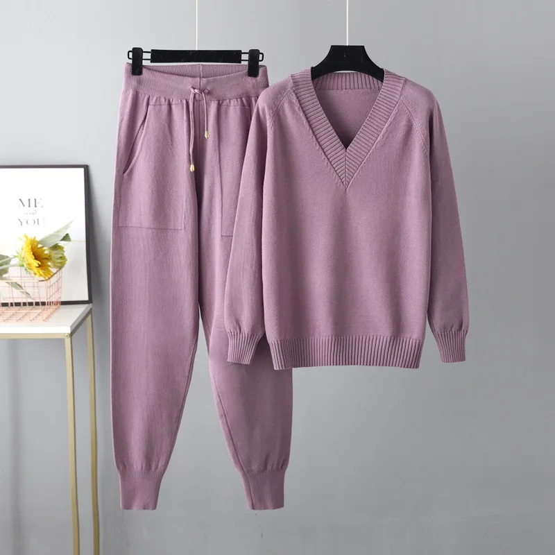 outono inverno das mulheres com decote em camisola duas peças conjunto feminino calças de malha ternos moda casual pulôver agasalho outwear