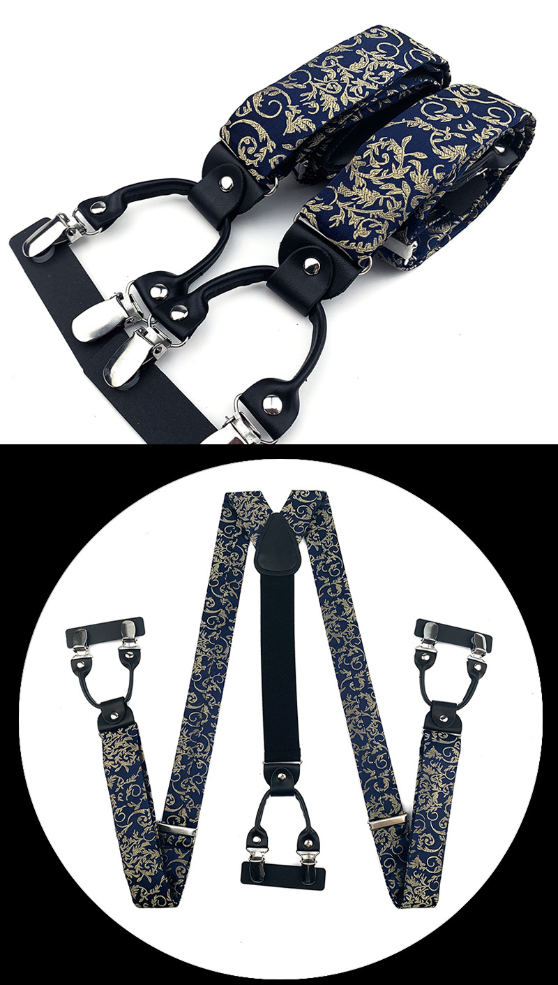 VEEKTIE Brand Suspender For Men 6 Snap Hooks Y-back Adjustable Jacquard Floral Check Shirts Paisley Yellow Blue Vintage Retro