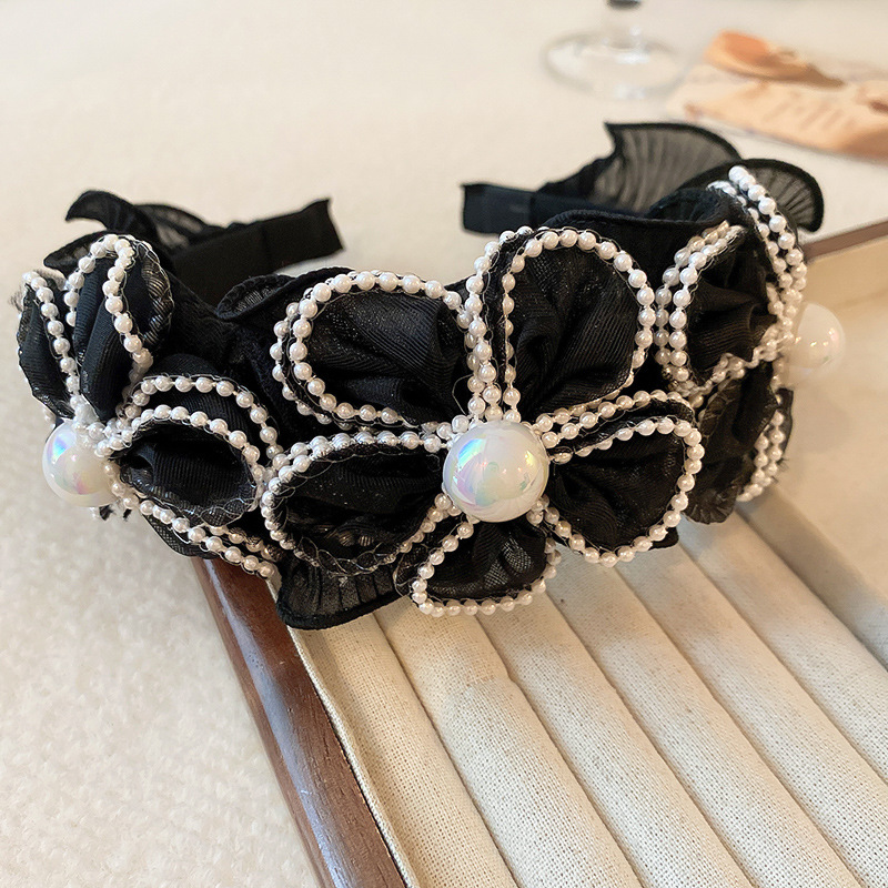 Perlenblumen-Mesh-Haarbänder mit breiter Krempe für Frauen, leichtes, luxuriöses Temperament, großes Stirnband, Charms, Haar-Accessoires – Detail 3