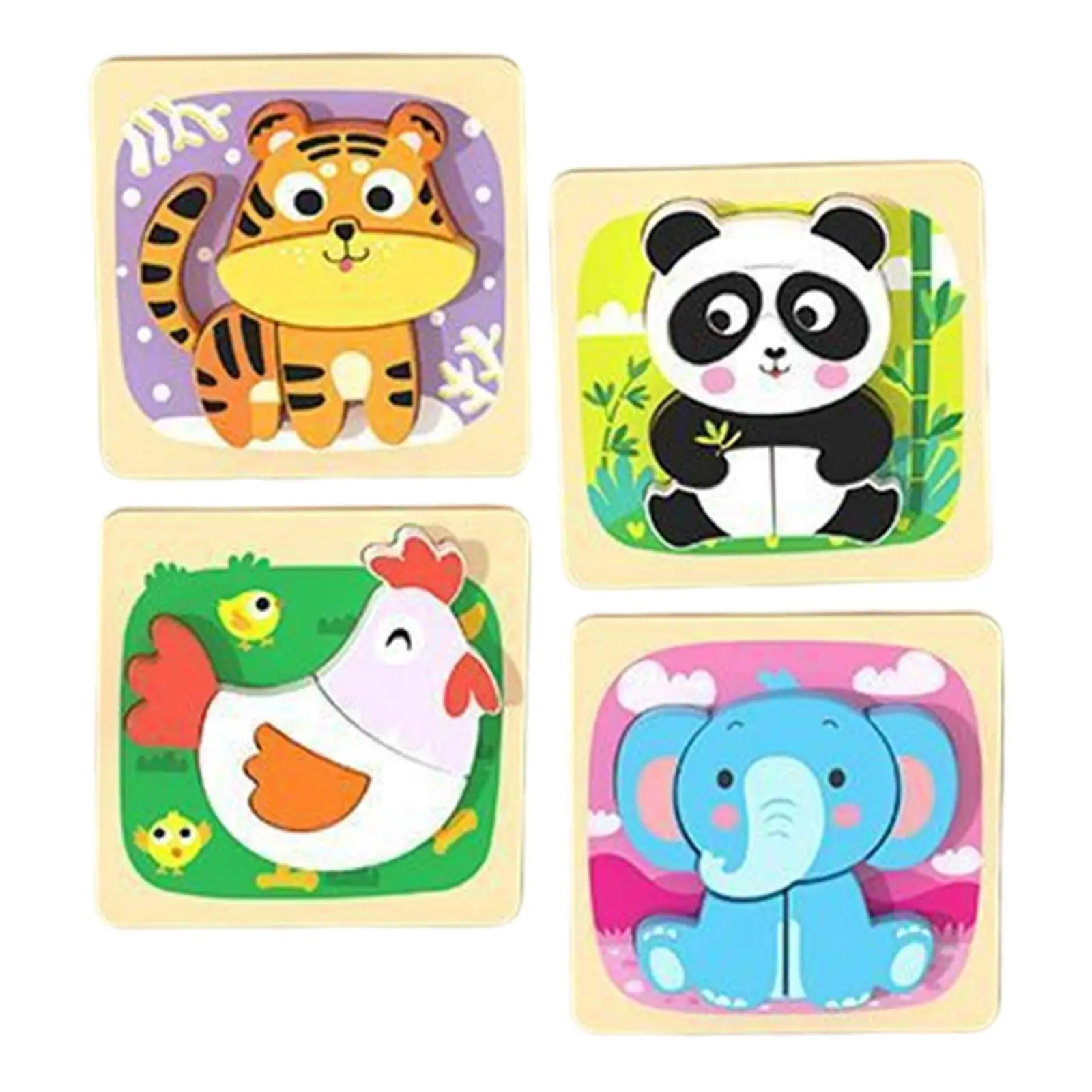 4x Wooden Animal Puzzles with 4 Animal Models Developmental Toy Wooden Crafts Animal Shaped Puzzles for Birthday Gifts