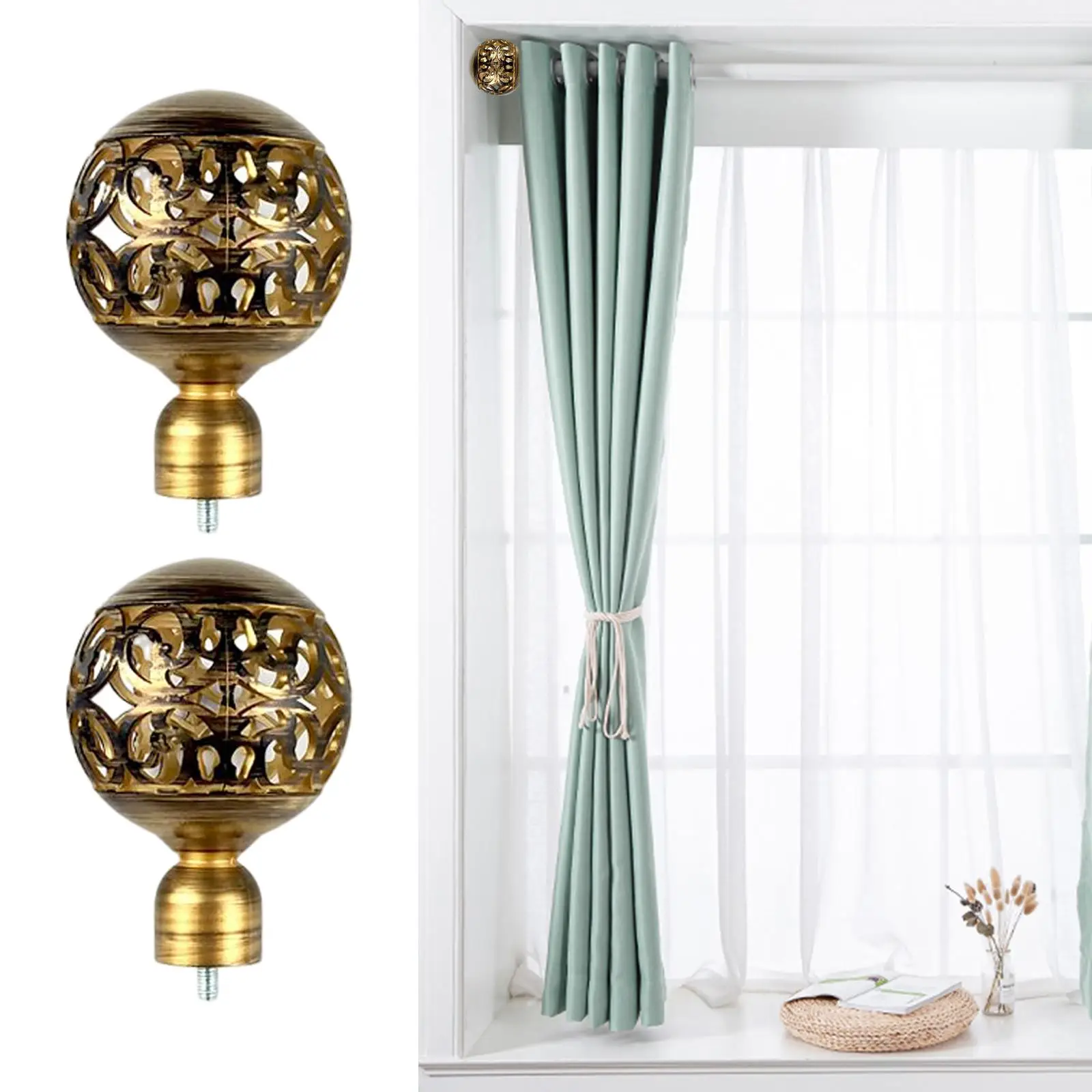 2x Hollow Curtain Rod Finials 3/4 inch Vintage Accessories Decoration Hardware Drapery Rod Finials for Office Home Bathroom