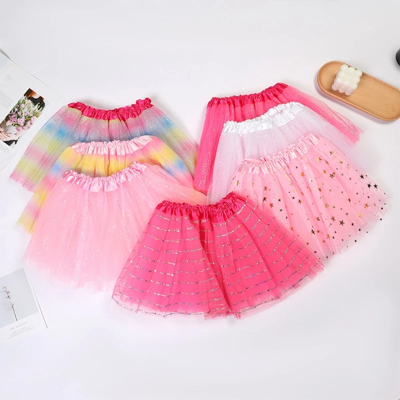 Фатиновая юбка-пачка для девочек, танцевальное платье, многослойная пушистая подъюбник с блестками, радужная Тюлевая юбка с цветами, юбка-пачка для малышей