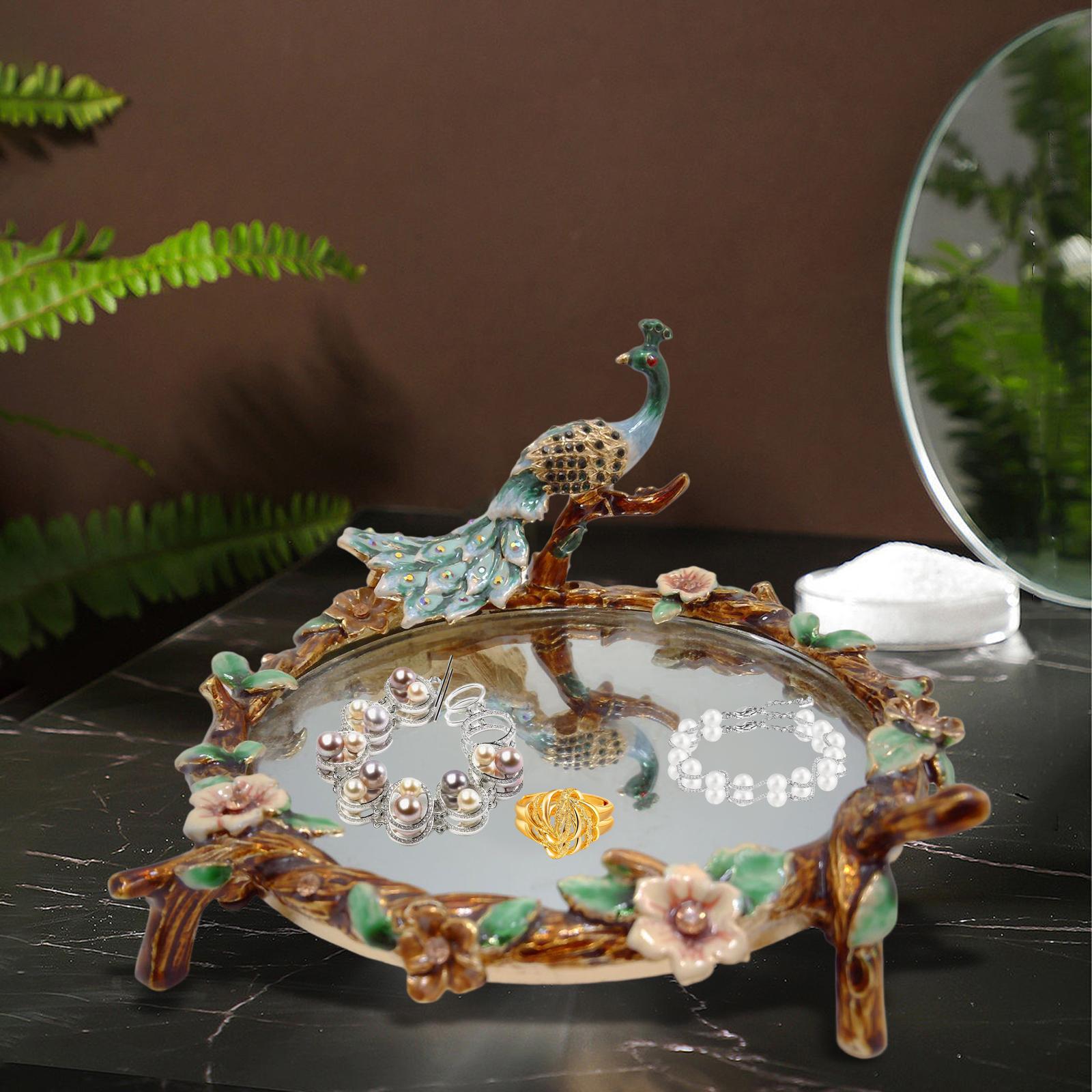 Decorative Mirror Tray Peacock Serving Tray for Countertop Dresser Makeup