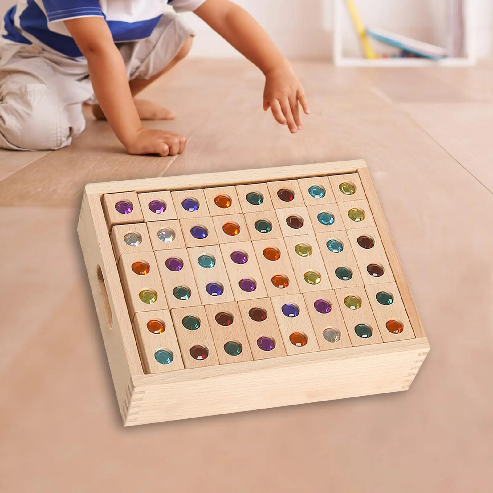 128Pcs Rainbow Stacker Sensory Toys Wooden Building Blocks Rainbow Blocks for Toddlers Baby Girls Boys Preschool Kids