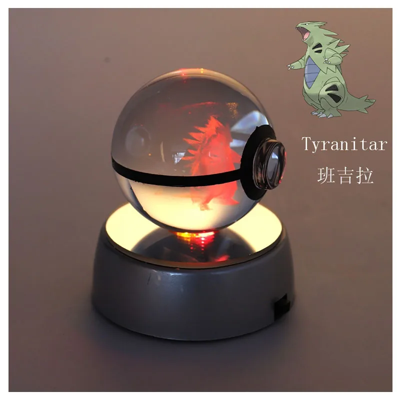 Anime Pokemon Tyranitar 3D Crystal Ball Pokeball Anime Figures Engraving Crystal Model with LED Light Base Kids Toy ANIME GIFT
