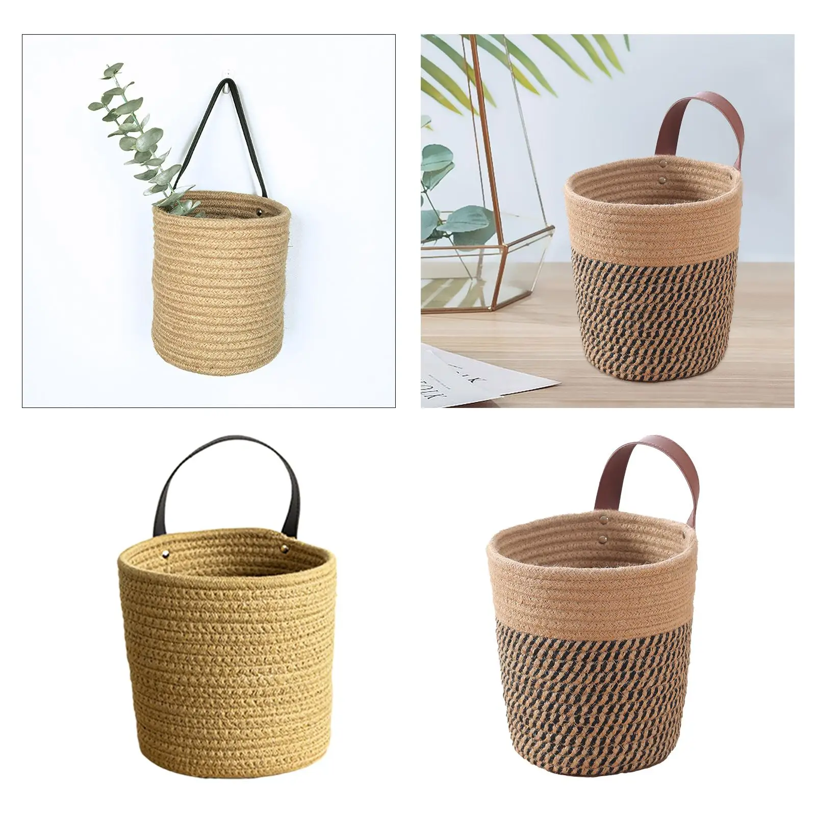 Hand Woven Basket Tabletop Multifunctional for Kitchen Bedroom Bathroom Countertops Container PU Handle Desktop Storage Basket