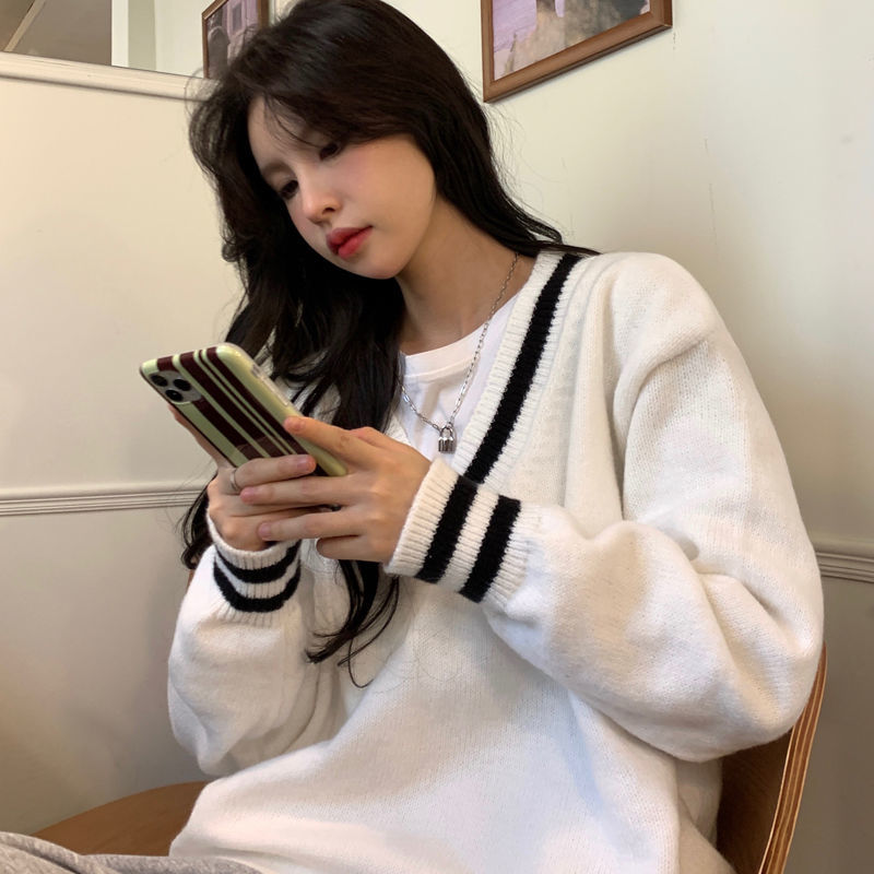 pullovers estilo preppy feminino decote em solto casual primavera outono blusas na moda de malha ulzzang mais novo estudantes femme