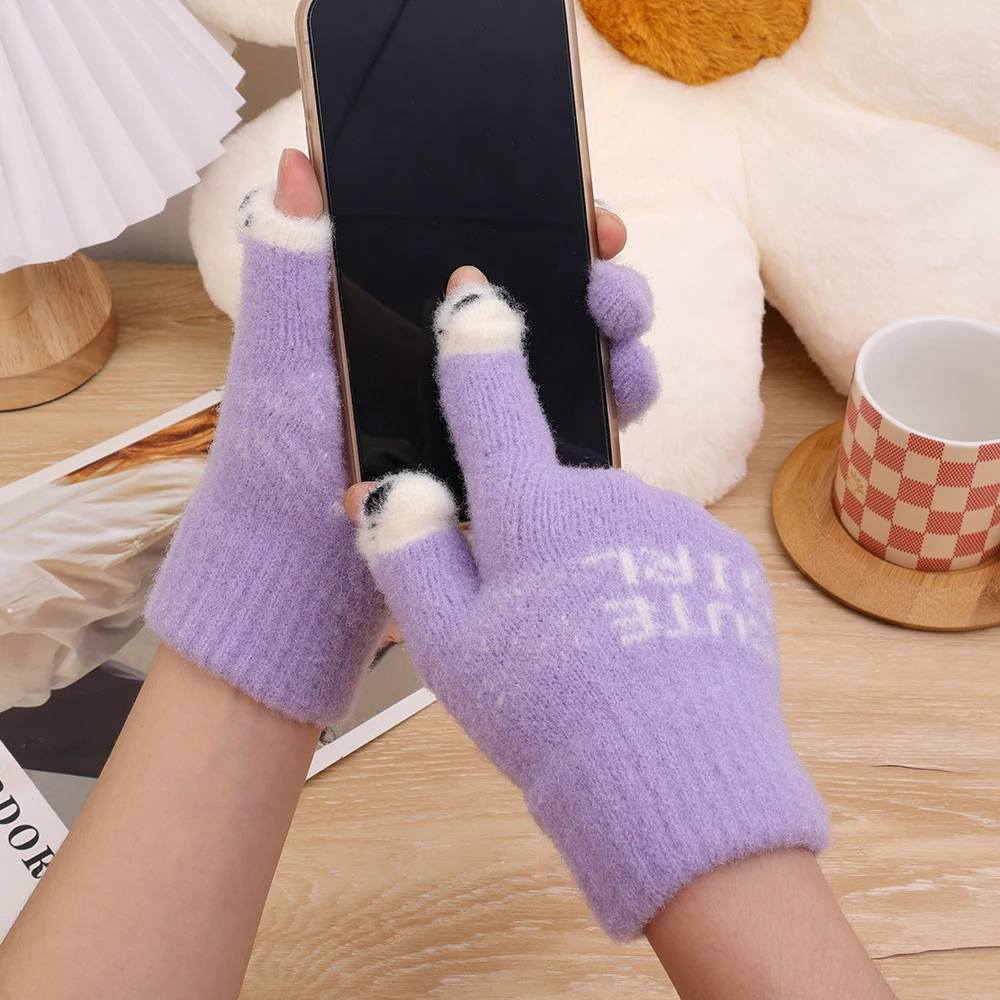 Open Finger Gloves Winter Warm Open Finger Gloves Women's Cute Panda Fingertip Touch Screen Gloves Warm Outdoor Knitted Gloves