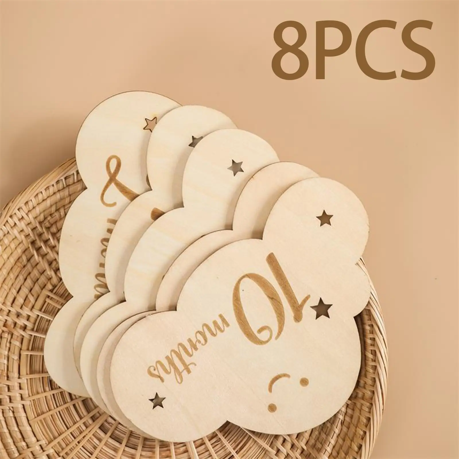 8Pcs Wooden Baby Milestone Cards Smooth Surface Clouds Shape Double Sided Photo Prop Cards Monthly Stickers Newborn Gifts