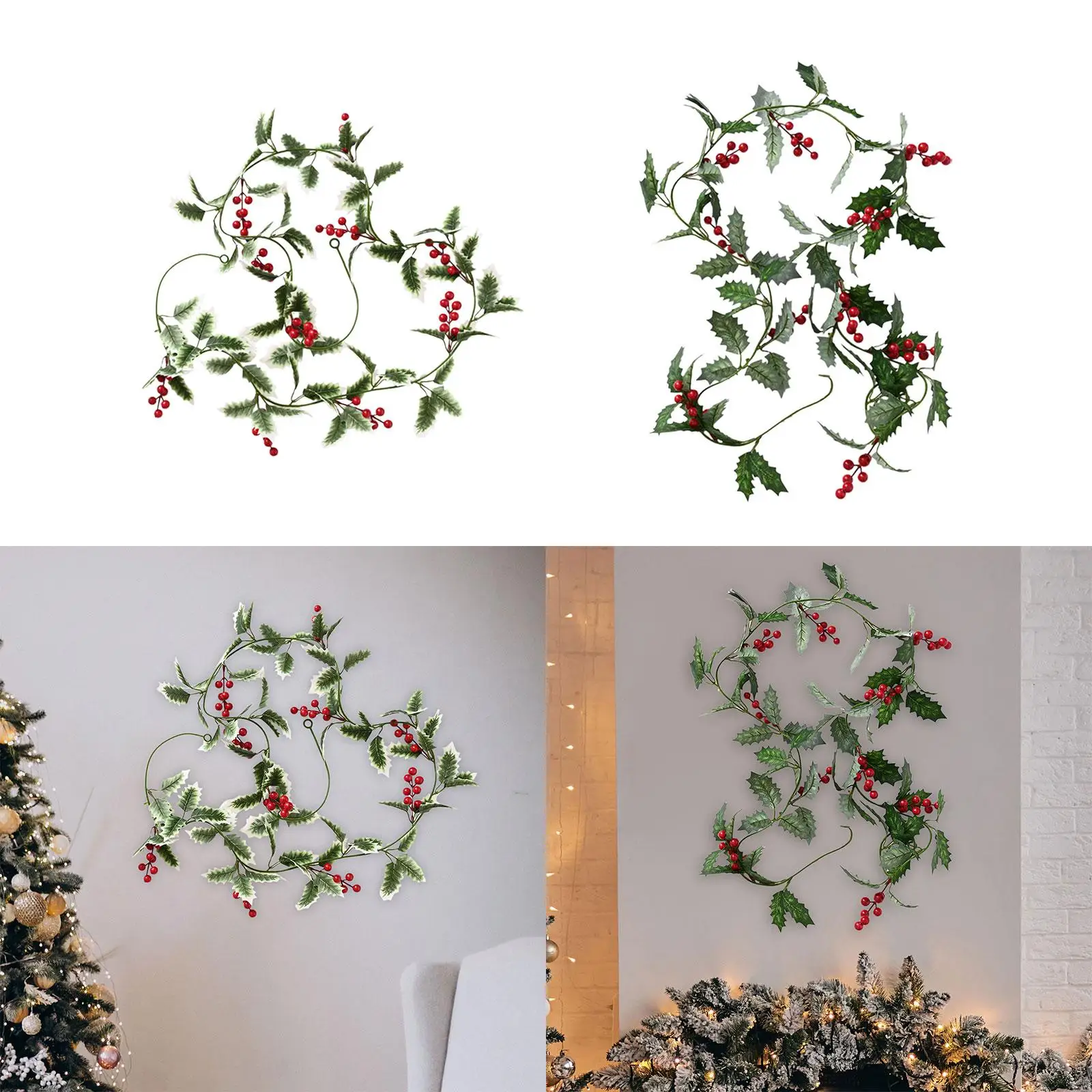 Artificial Christmas Leaves Red Berries Vine Garland 200cm for Party Holiday