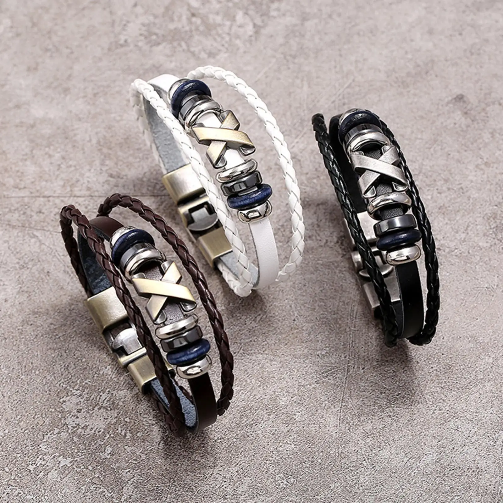 Braided Leather Bracelet Wrist Cuff Bangle Beads Charms with Alloy Closure