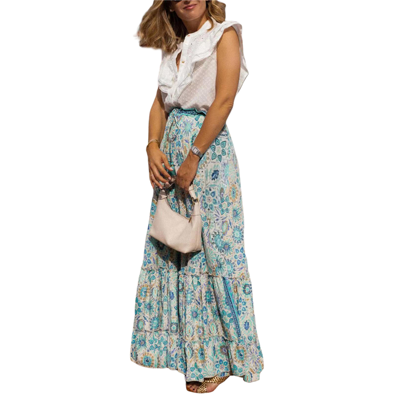 Faldas estéticas Y2K para mujer, faldas playeras con estampado floral geométrico, cintura alta, volantes, estilo bohemio de los años 2000, ropa de calle informal.
