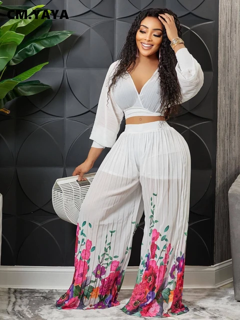 White Net Cold Shoulder Crop Top With Palazzo Pant SUUDL25625