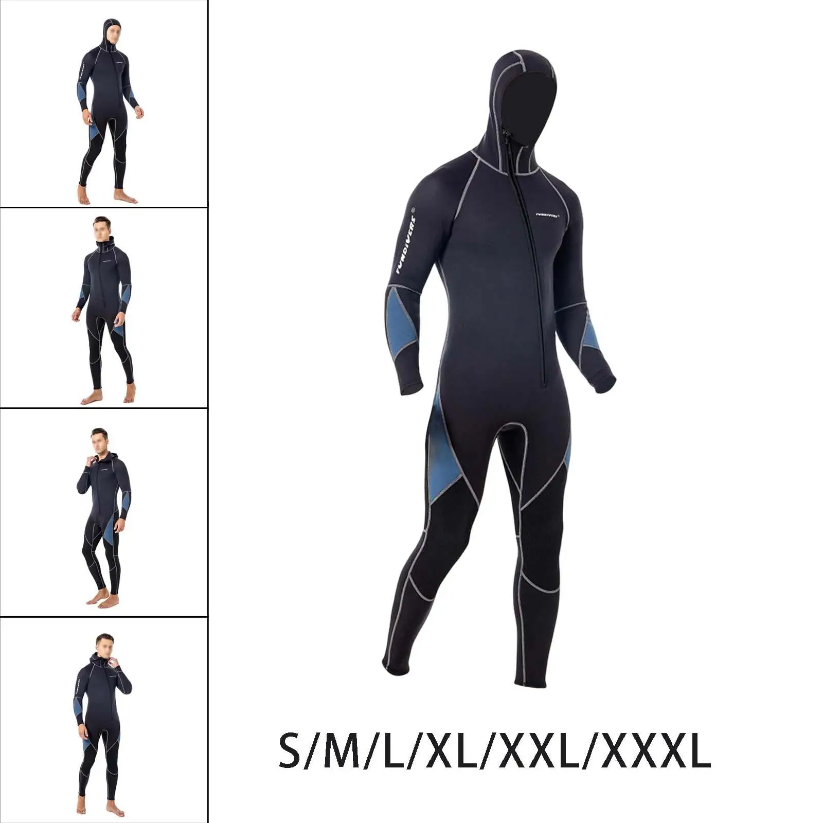 One Piece Full Body Wetsuit Long Sleeve Protective Stretch Gray Comfortable Hooded Wetsuit for Kayaking Swimming Fishing Diving