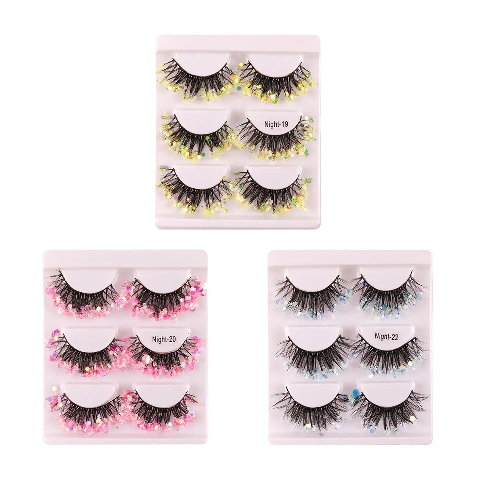 3 Pairs Luminous False Eyelashes Soft 3D Decorative Sequin Dramatic False Lashes for Costume Halloween New Year Cosplay Stage