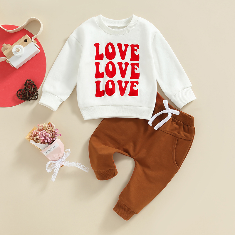 FOCUSNORM Valentines Tage Baby Jungen 2PCS Kleidung Sets 0-3Y Brief Herz Drucken Langarm Sweatshirt + Feste Hosen – Detail 1