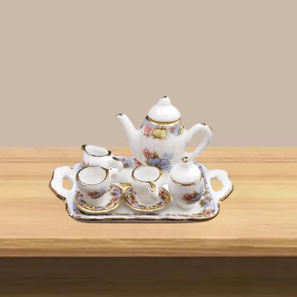 Miniature Porcelain Tea Cup Set Dollhouse Flower Pattern Plate for Kitchen