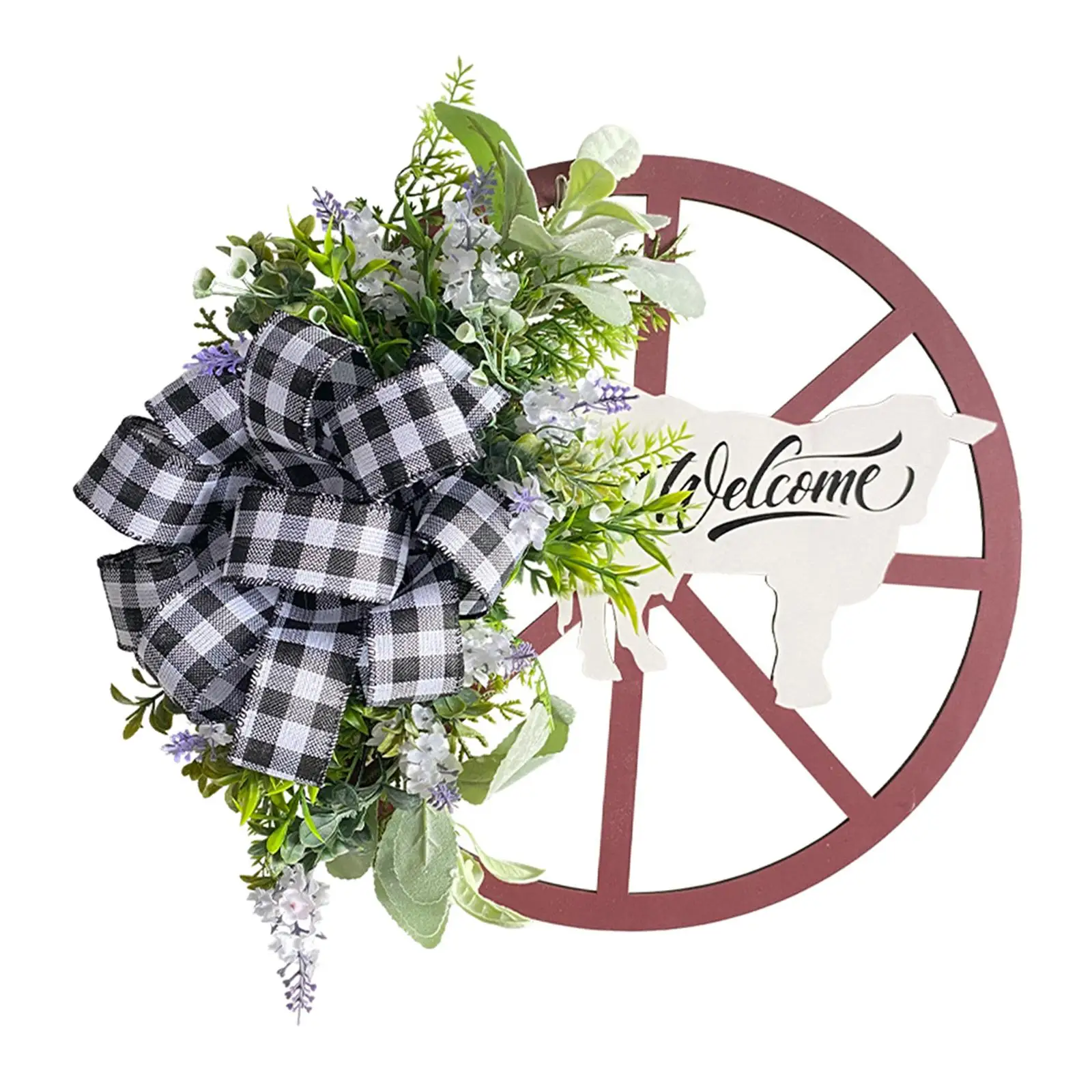 Wagon Wheel Wreath Hanging Decor Black White Plaid Bow Artificial Flower Wreath for Wall Fireplace Party Decor Holiday Home