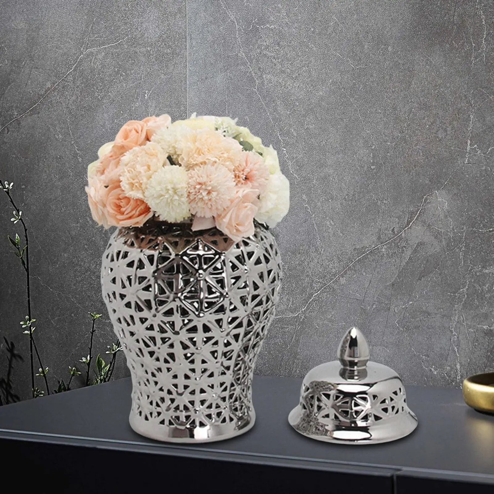 Glossy Ceramic Ginger Jar, Decorative Porcelain Jar, Floral Arrangement Pot,