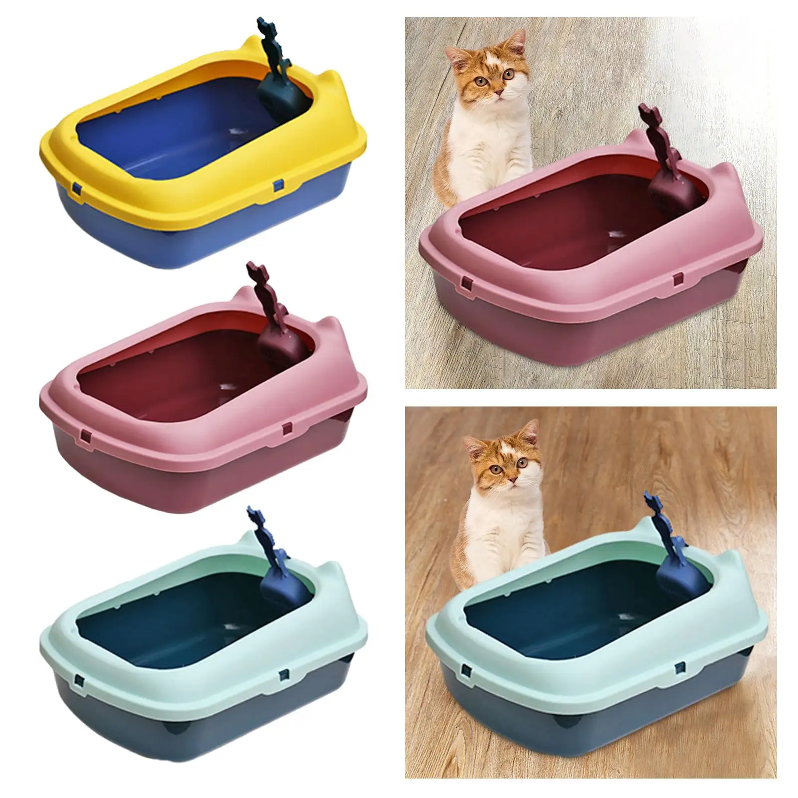 Open Top Pet Litter Tray Anti Splashing Kitten Toilet with Scoop Cat Litter Basin High Sided Cat Litter Tray for Indoor Cats