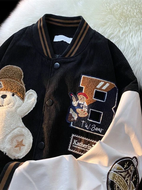 Gmiixder Japan Embroidery Baseball Jacket Kawaii Bear Flocking Top Unisex  Spring Autumn Vintage Patchwork Corduroy Button Coat - Jackets - AliExpress