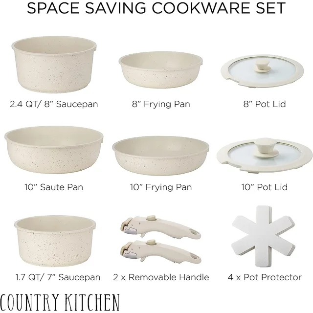 Country Kitchen 16 Piece Pots and Pans Set - Safe Nonstick Ceramic Coating  Kitchen Cookware with Soft Touch Wooden Removable Handle, RV Cookware Set