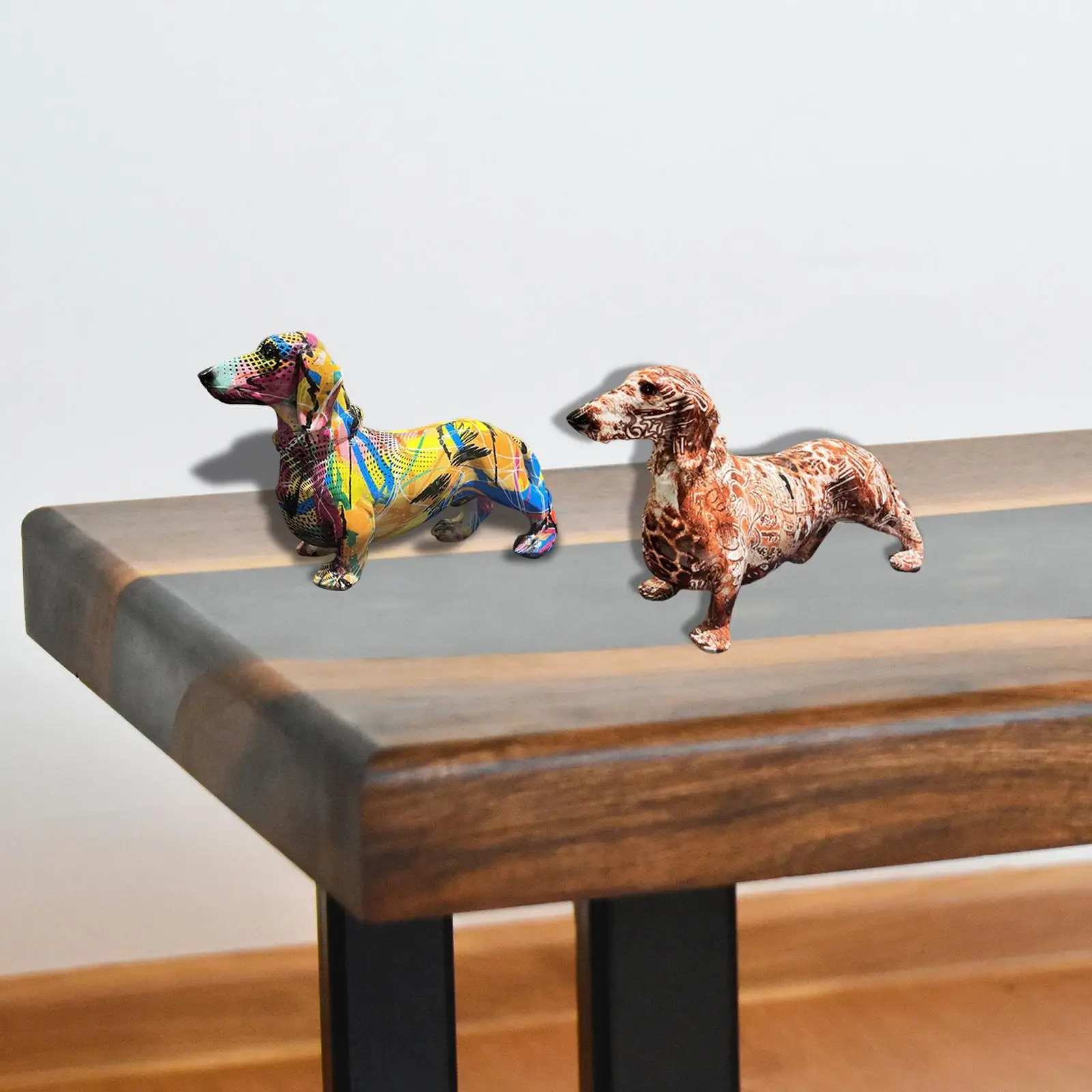 Graffiti Sausage Dog Figurine Desk Colorful Dachshund Dog Statue Ornaments